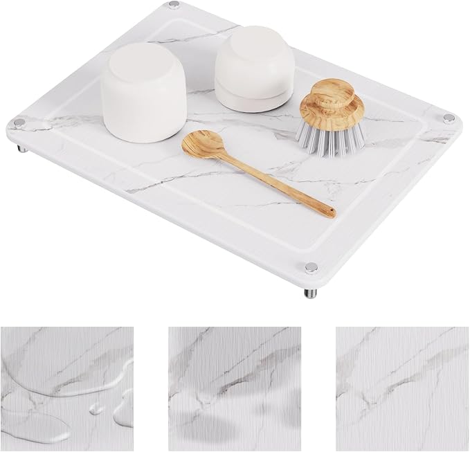Dish Drying Stone, Water Absorbing Stone Dish Drying Mats for Kitchen Counter, Non-Slip Stone Drying Sink Tray Pad for Dish Bottles Cups, Diatomaceous Earth Sink Caddy Organizer, White Marble