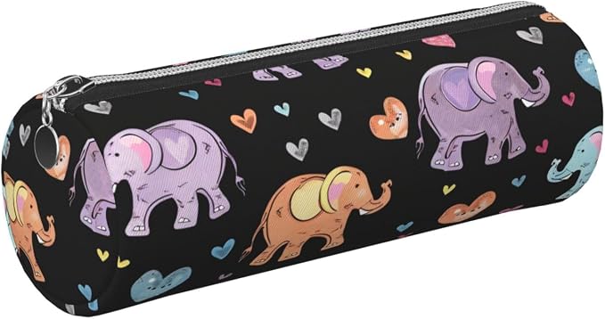 OSAM SPACE Leather Pencil Case Round Pencil Bag Cute Elephants Pen Organizer Holder Portable Zipper Pouch Cute School Supplies for Girls Boys Study Office