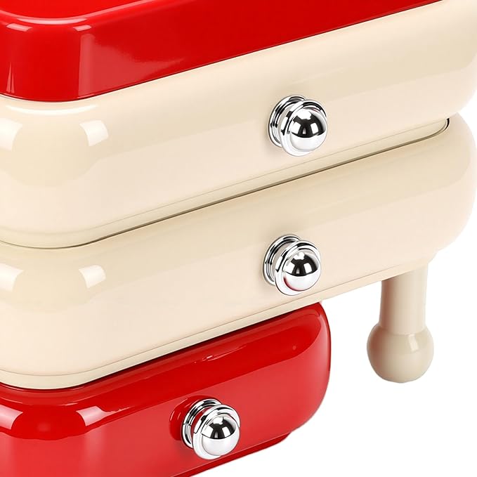 Yosoo Desktop Makeup Organizer with 3 Drawers Top Tray Dust Guard for Cosmetic Brushes Lipstick Skincare Storage (Red)