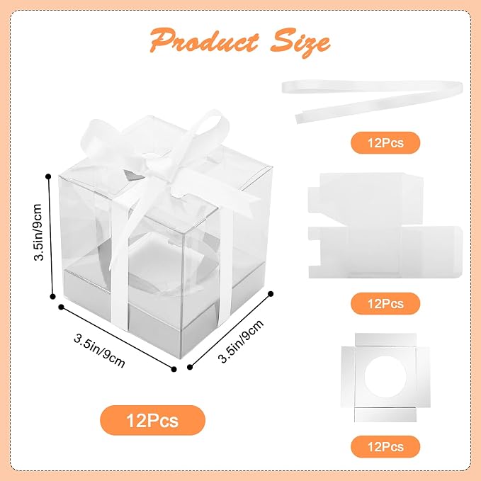 12 PCS Clear Cupcake Boxes 3.5 Inch Cupcake Containers (Silver) | Disposable Cupcake Carrier Plastic Individual Cupcake Storage Holder with Ribbons and Inserts for Wedding, Birthday Party