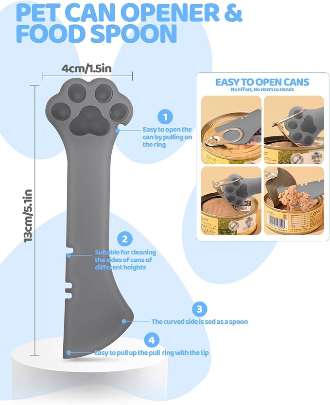 5 PCS Cat Food Can Covers Lids Set, Silicone Pet Food Can Lids with Multi-Function Cat Food Spoon and Opener, Cat Bar Squeezer, Stainless Steel Wet Food Spoon for Cats and Dogs (Blue)