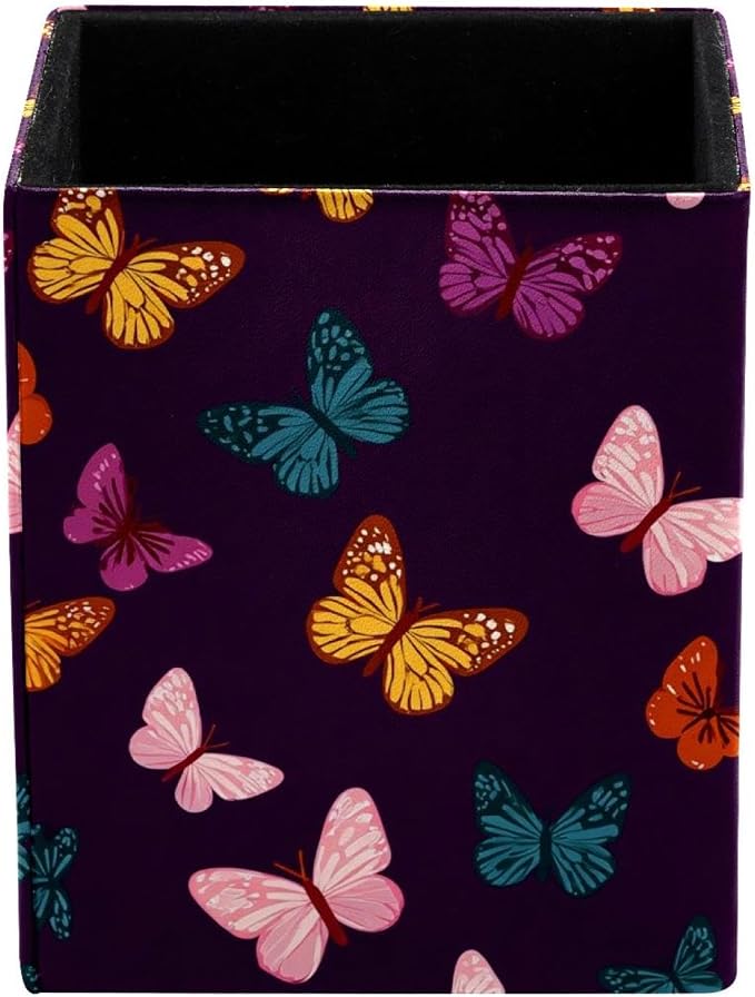 Butterfly Pen Holder for Desk Decor, Rectangular PVC Leather Pencil Cup for Desk Pen Organizer, Makeup Brush Holder for School, Home, Office