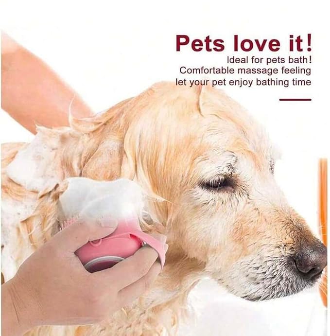Dog Bath Brush with Shampoo Dispenser – Soft Silicone Pet Massage Scrubber for Short & Long Haired Dogs & Cats – Shedding & Grooming Brush for Deep Cleaning – Stress-Free Pet Bathing Supplies (Pink)