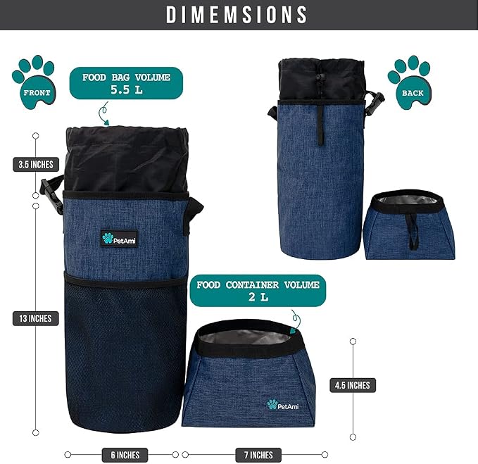PetAmi Travel Dog Food Bag Pet Collapsible Dog Bowls Set, Dog Kibble Bag, Pet Food Water Bowls for Dogs Cats, Foldable Waterproof Dog Camping Bowls Cup Dish Accessories for Hiking, Navy & Gray
