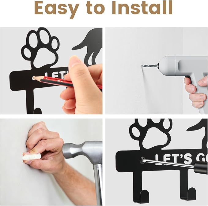 Dog Leash Holder for Wall, Key Holder with 5 Metal Hooks, Let's Go for A Walk Pet Leash & Collar Organizer, Screw Mounted Wall Rack for Entryway, Garage, Mudroom & Hallway