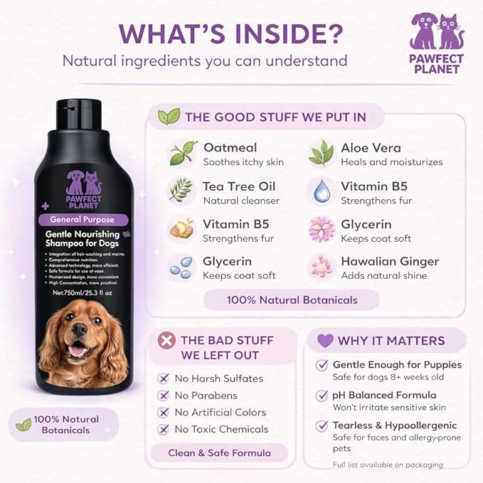 Dog Shampoo Oatmeal Aloe Vera - Gentle Nourishing Formula for Itchy Skin Relief - Natural Puppy Shampoo for Sensitive Skin Allergies - pH Balanced Pet Wash All Breeds 750ml