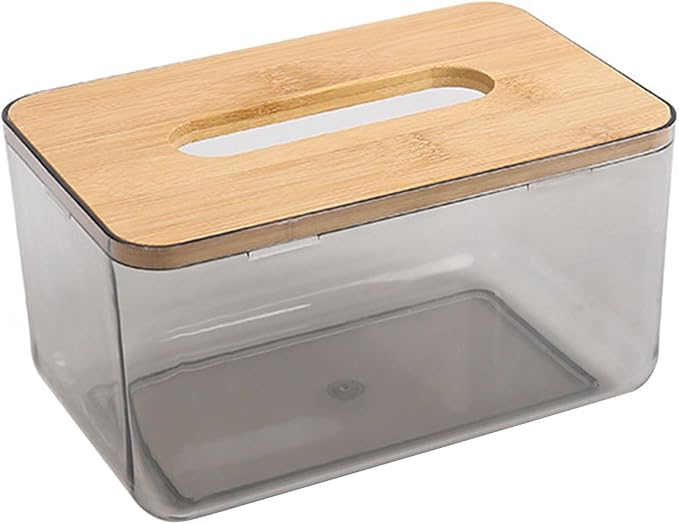 Multi Functional Acrylic Tissue Box, Clear PET and Wood Napkin Organizer Cube Holder, Easy Slide Out Cover, Square Tabletop Dispenser for Bathroom Laundry Room Office Desk