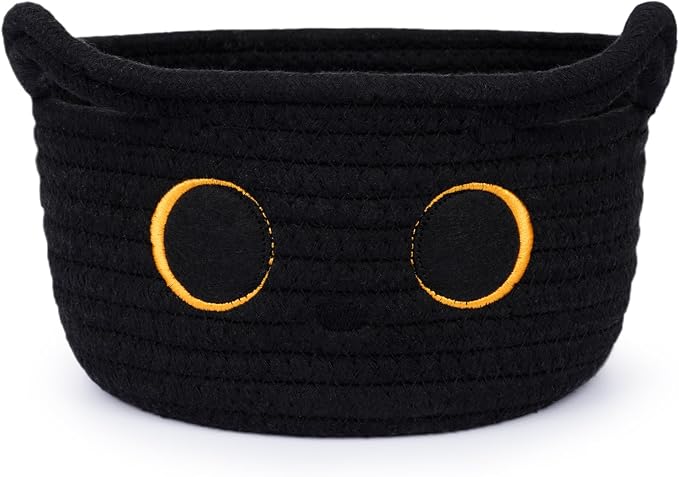 Small Storage Basket, Black Cat Cotton Rope Cute Basket Toy Bin | Woven Blasket for Nursery, Blanket Basket Baby Toy Storage Organizer With Ears for Gifts Cat Dog Bin Toys 8.5×4.5 inches
