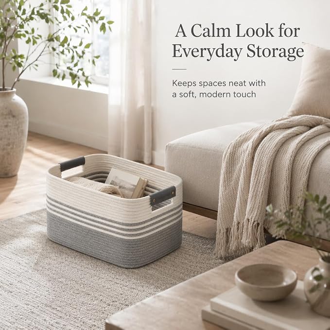 Cotton Rope Laundry Basket Medium, 15.4GAL Collapsible Woven Storage Baskets for Living Room Kids Toys Stuffed Animal,Boho Rectangular Decorative Short Hamper for Dirty Clothes, Blankets White Grey