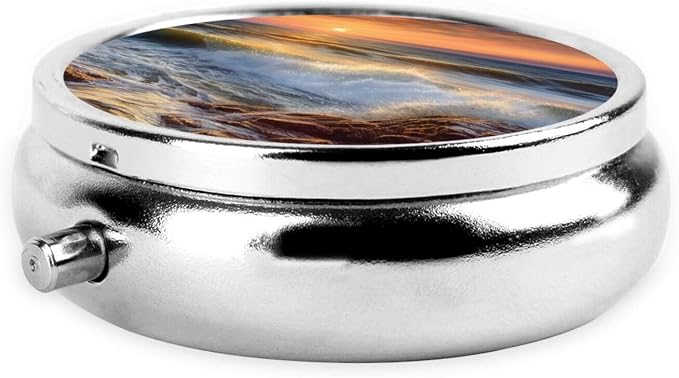 Round Pill Box Rocky Wave Sunset Painting Pill Case for Purse & Pocket 3 Compartment Pill Organizer Portable Travel Pillbox Medicine Pill Holder Container for Daily Vitamin Cod Liver Oil Storage