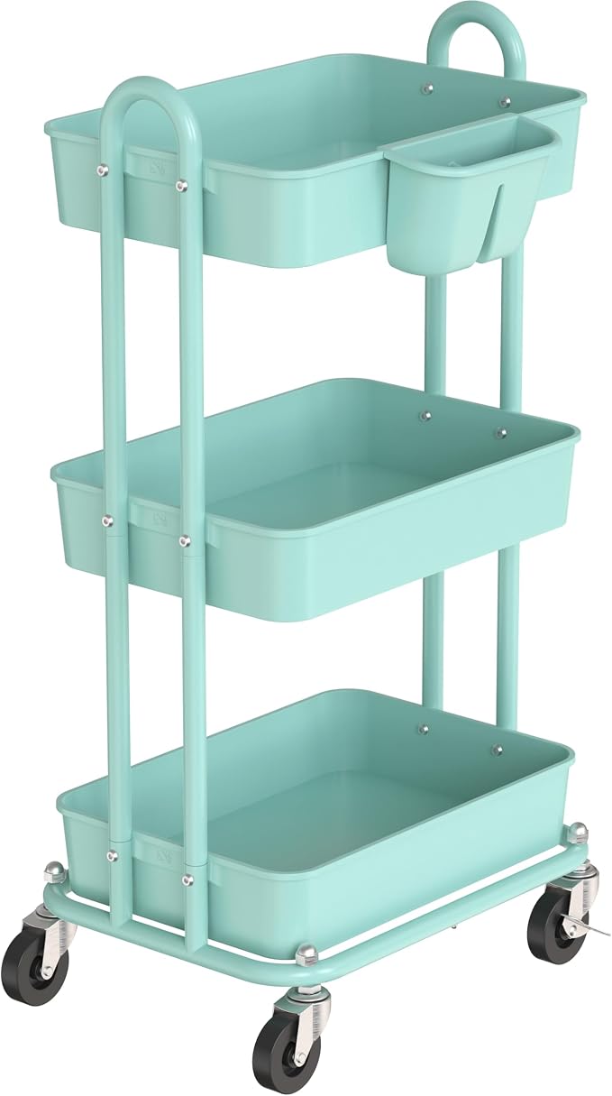 Simple Houseware 3-Tier Rolling Utility Cart with Hanging Bucket, Turquoise | Storage for Bathroom, Kitchen, Office, Study Room, Nursery Diaper