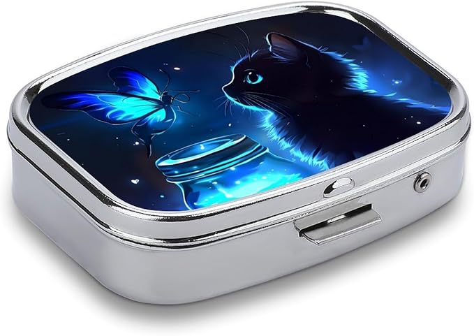 Black Cat Pattern Durable Metal Pill Case for Daily Use, 2 Slot Medicine Box Organizer,Leak Proof Travel Pill Container for Vitamins, Compact Pocket Medicine Holder for Seniors,Holiday Gift
