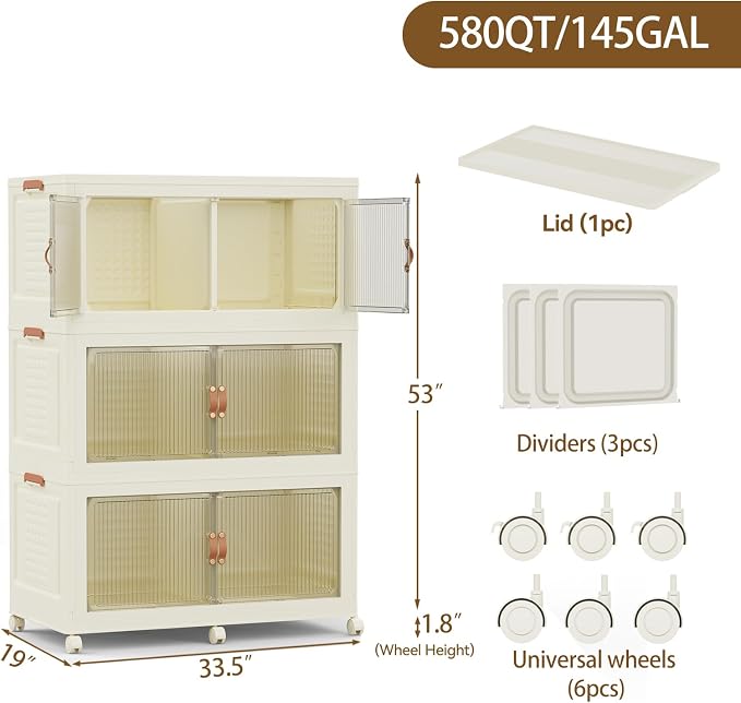 SAILUN 579Qt Stackable Storage Bins,Storage Cabinet with a Lid,3 Pack Cream