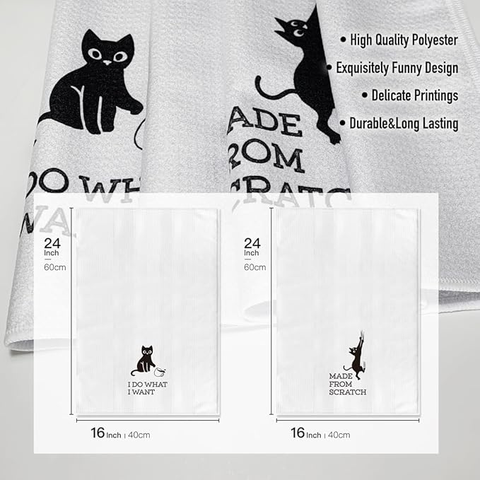 Cat Themed Funny Dish Towels, 16 x 24Inch, 2 Pack, Flour Sack, High Absorbent Tea Towels for Cat Lovers