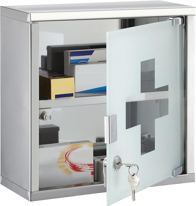 Timgle First Aid Wall Cabinet with Lock Medicine Wall Mounted Bathroom Storage Hanging Medical Cabinet with Safety Glass Door for Bathroom(2 Shelves,Silver)