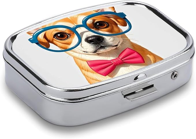 Pet Dog Soft Bow Tie, Oversized Glasses Pill Box 2 Compartment Medicine Pill Case Portable Pill Organizer for Pocket Or Purse Decorative Metal Medicine Vitamin Organizer