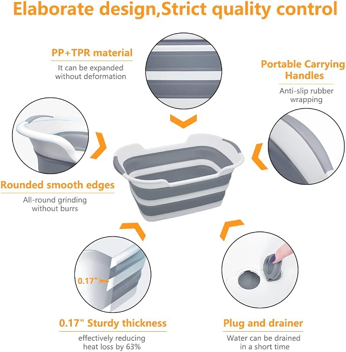 Goderewild Collapsible Pet Bathtub, 7.1 Gal (27L) - Foldable Bathing Tub with Drain Plug for Dogs & Cats Under 30 lbs - Multi-Use as Laundry Basket, Storage Organizer, Camping Sink (Grey)