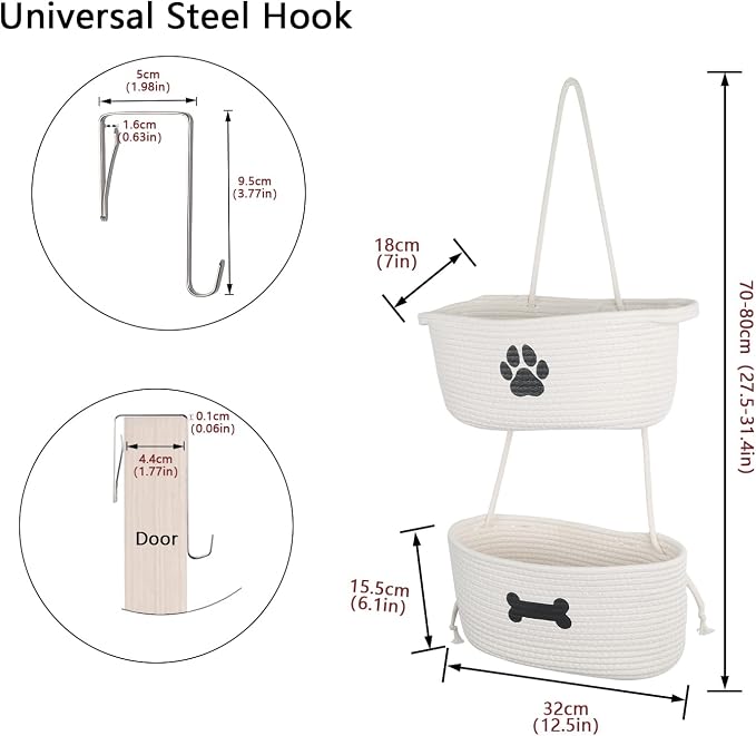 2-Tier Dog Baskets,Over Door Hanging Oganizer for Pet Stuff with Metal Hooks,Cotton Rope Wall-Mounted Storage Organizer for Dog Leash/Harness/Small Toys/Trash bag - Beige