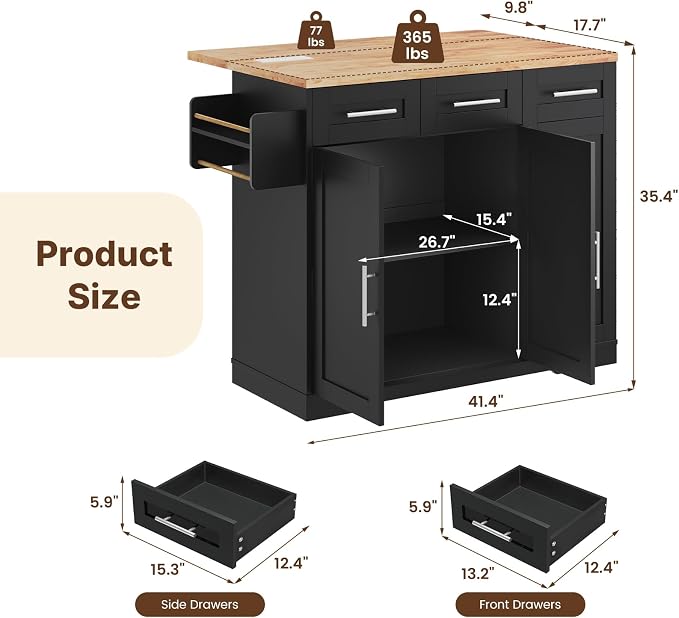 Dripex 41.5'' Rolling Kitchen Island with Power Outlet, Trash Can & Storage | Kitchen Island with Storage & Drop Leaf, Rubberwood Top, 3 Drawers, Mobile Kitchen Island on Wheels for Dining Room, Black