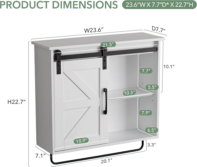 23" Bathroom Wall Cabinet with Sliding Door, Towel Bar & LED Light | 3-Tier Adjustable Shelves, Rechargeable Motion Light and Space-Saving Over-Toilet Storage for Bathroom, Laundry Room, Kitchen