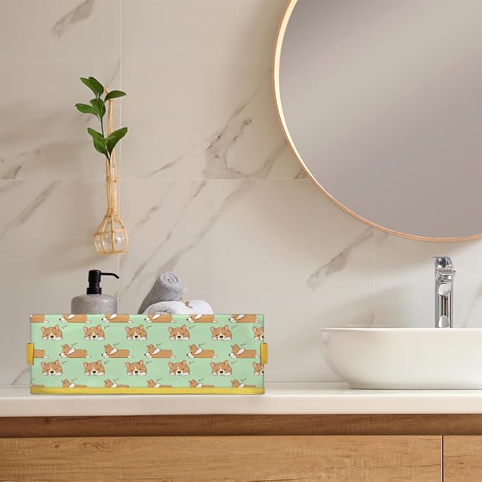 Puppy Sleeping Cute Bathroom Storage Basket, Foldable with Handle Open Countertop Paper Towel Decorative Box, Toilet Tank Top Shelf Baskets for Home Closet Bedroom Living Room Office