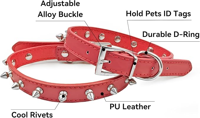 Enjoying Spike Cat Collar, Spiked Dog Collar for Extra-Small to Small Dogs, Anti-Bite Studded Protective, Faux Leather Spiky Collar with Metal Rings for Hold Pet Tags/Leash, Adjustable, Red, XS