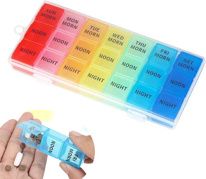 Weekly Pill Organizer, 3 Times a Day, Portable 7-Day Pill Box Case | Travel Prescription Pill Case Dispenser, Vitamin Fish Oil Compartment Container, Daily Calcium DHA Supplement Holder Reminder