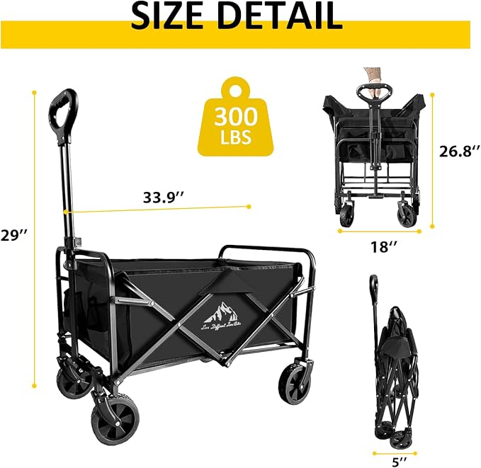 Foldable Wagon Cart, Collapsible Wagon Cart with Heavy Duty Wheels, 220Ibs Portable Folding Utility Wagon for Groceries, Beach, Camping, Outdoor Activities, Black
