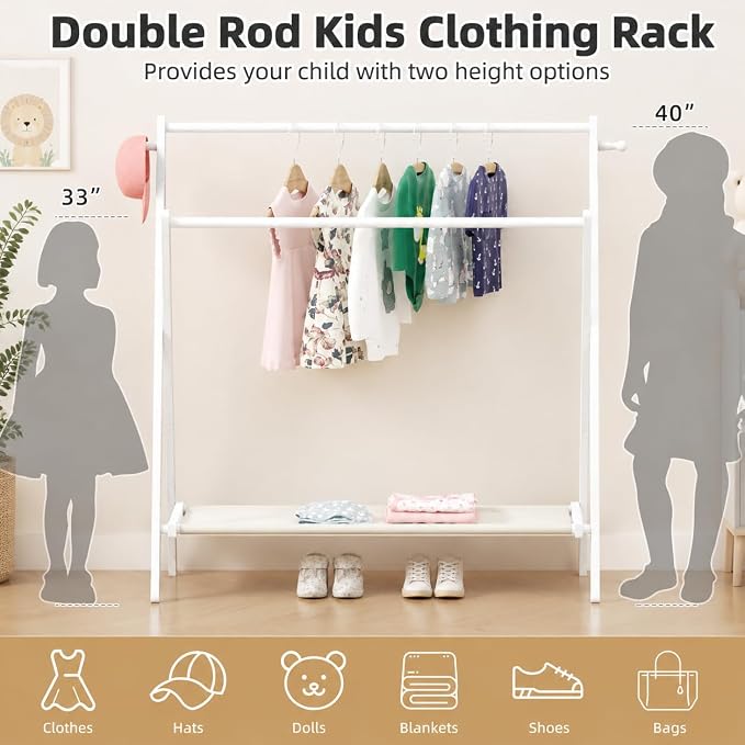 BAMBOOHOMIE Kids Clothing Rack, Small Clothes Organizer Rack, Kids Dress Up Rack with Storage Shelf & Double Rods, Bamboo Child Garment Rack for Playroom Toddler's Bedroom (Large Size - White)