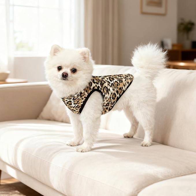 Idepet Pet Dog Cat Coat with Leash Anchor Color Patchwork Padded Puppy Vest Jacket Teddy Chihuahua Costumes Pug Cloth XS S M L(X-Large,Leopard)