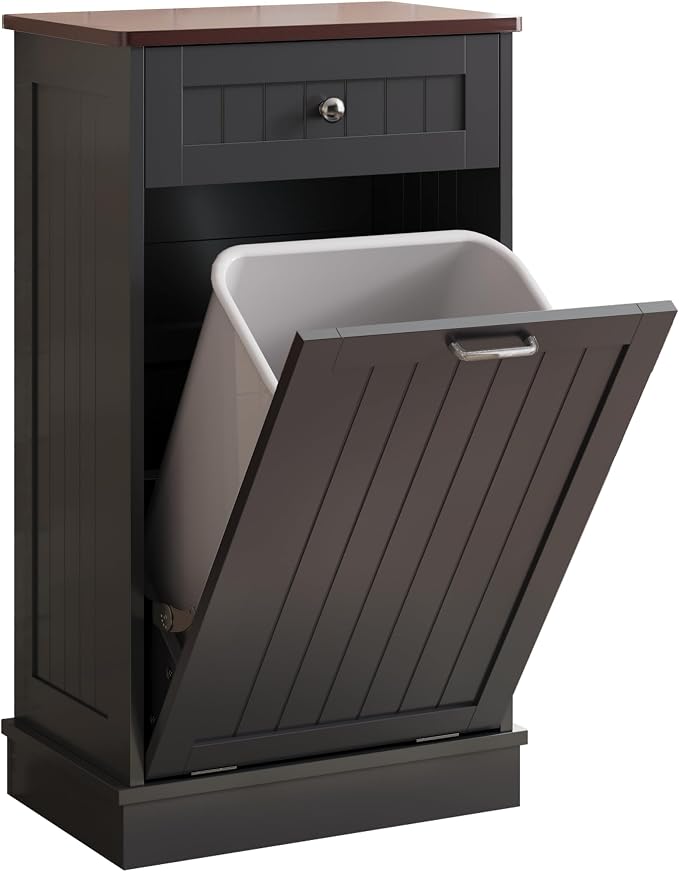 KIGOTY Tilt Out Trash Can Cabinet, Laundry Hamper Cabinet, Kitchen, Black