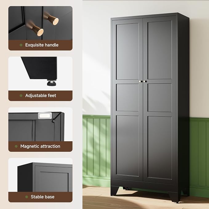 75" H Metal Storage Cabinet with 2 Doors and 4 Shelves,Tall Kitchen Pantry Cabinets,Farmhouse Utility Pantry Organizers for Cupboard/Dining/Bathroom/Home Office/Garage Room,Black
