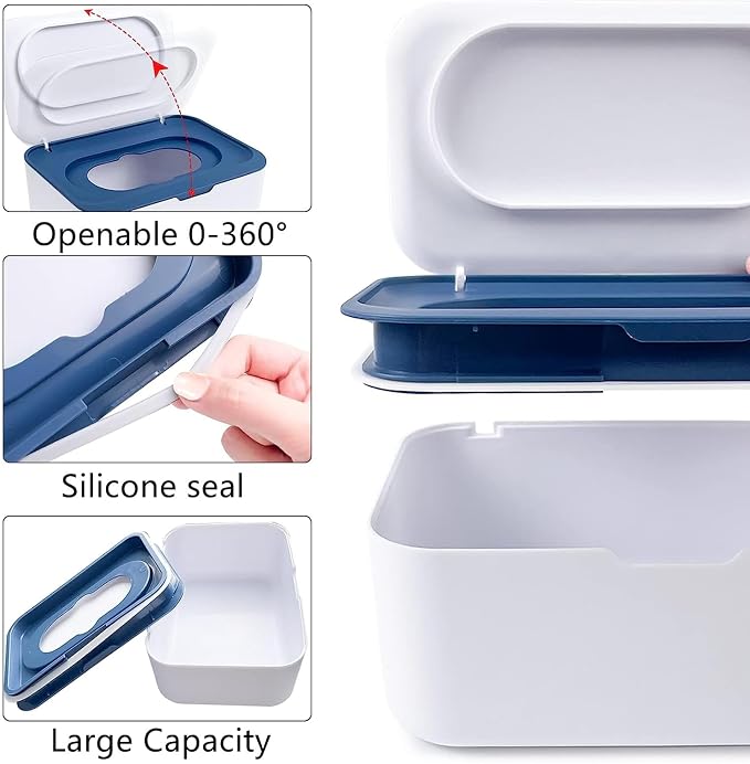 Wipes Dispenser Set,1 Wipe Box & 2 Portable Pouches,White Blue | Refillable Reusable Large Wet Wipe Holder, Flushable Wipes Case Bathroom Wipes Container for Pet Nursery Kitchen Office