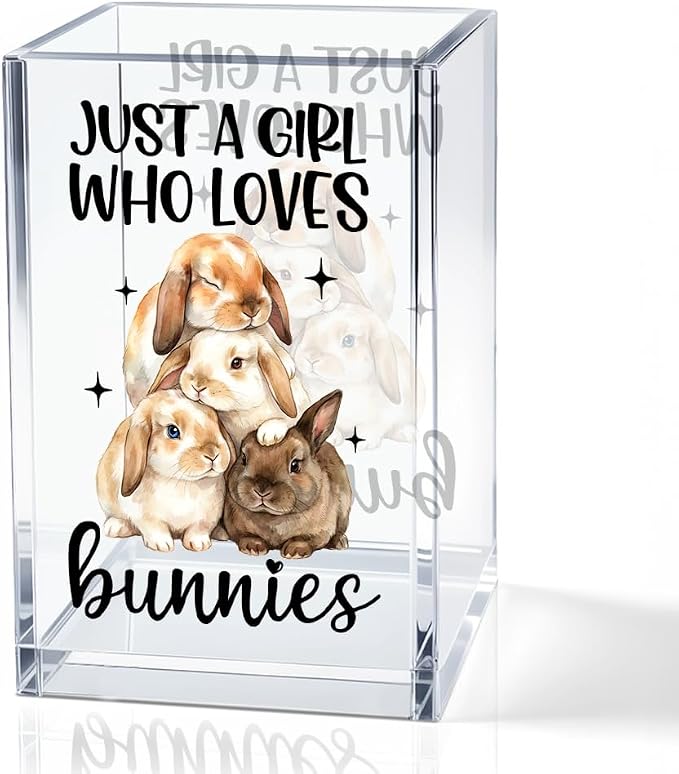 Just A Girl Who Loves Bunnies Acrylic Pencil Holder Cup for Women | Inspirational Gifts for Friends, Funny Bunnies Pen Holder for Girls Bunny Lover, Pencil Cup for Desk, Makeup Organizer