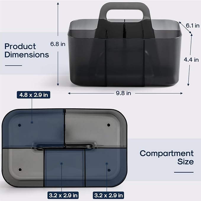 Multiuse Caddy Organizer with Handle, Portable Plastic Tote Bin - Art Craft, Stationary Pen Marker Crayons, Makeup Hair Supplies Storage - Bathroom, Classroom, Dorm, Office, Desk Holder - Clear Black