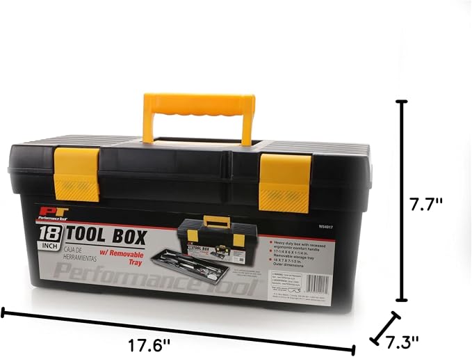 Performance Tool W54017 18-Inch Plastic Box with Handle, Tool Organizer Storage Box, Removable Inner Tray, Lightwieght & Easy to Carry | Heavy duty utility box. Recessed ergonomic comfort handle. Outer dimensions 18 x 7 x 7-1/2 inches