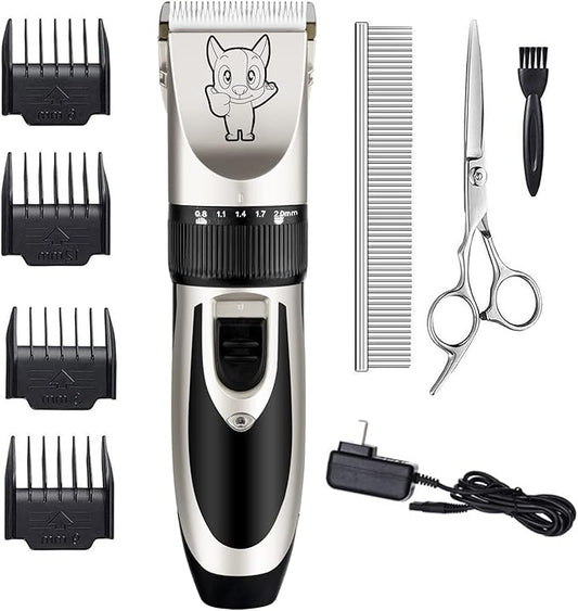 Highdas Dog Grooming Kit Clippers, Low Noise, Electric Quiet, Rechargeable, Cordless, Pet Hair Thick Coats Clippers Trimmers Set, Suitable for Dogs, Cats, and Other Pets (Silver)