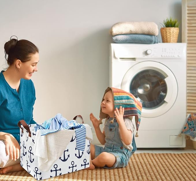 Kids Storage Basket Nautical Gift Basket Empty Boys Toy Storage Bin Organizer Box Rectangular Room Decor for Home,Books (Anchor)
