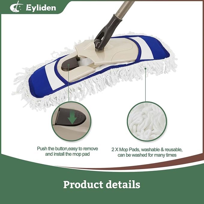 Eyliden Dust Mop, 2 Microfiber Pads, Home Commercial Cleaning, Quick Swap | 52.6" Adjustable Handle, 360° Swivel, Washable, Wet Dry Mops for Kitchen Hardwood Vinyl Tile Floor Cleaning, Push Dust Broom