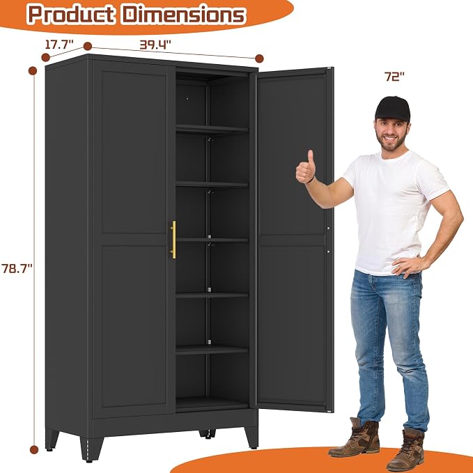 RISRERN Black Metal Storage Cabinet, 79" Kitchen Pantry Cabinets for Office | Steel Kitchen Pantry Storage with Doors, 5 Adjustable Shelves, Metal Pantry Cabinet, for Office, Home, School 40" W