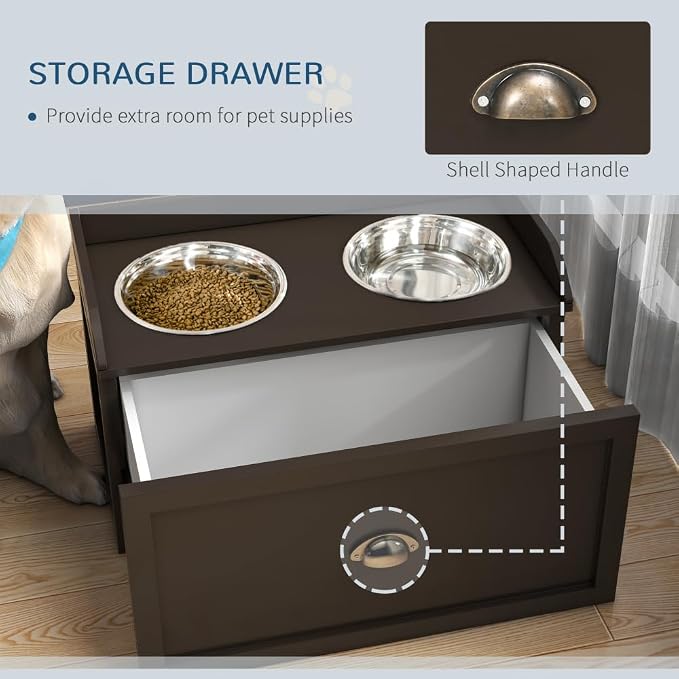 Elevated Dog Feeding Station with Storage Drawer and 2 Stainless Steel Bowls for Large Dogs, Coffee Finish MDF Pet Food Organizer