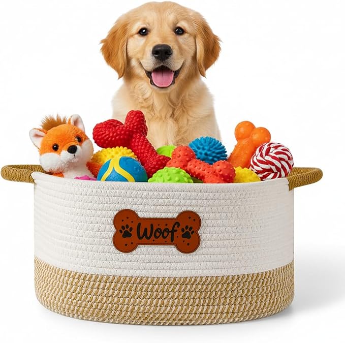 Large Dog Toy Basket Box Bin, Woven Storage Baskets for Dog Cat, Cotton Rope Toys Storage Basket for Dogs Cats Bed Toys Accessories Organizer With Handles for All Pets-Puppies to Large