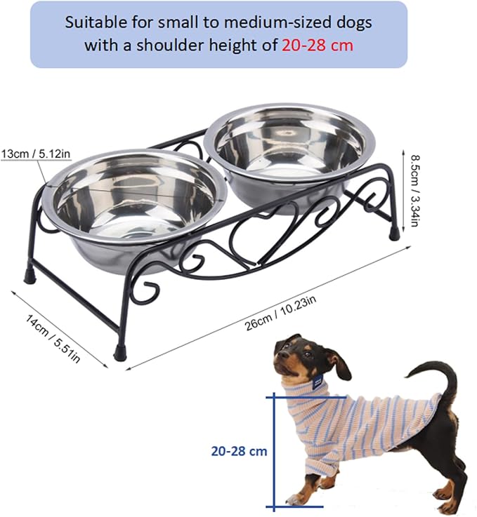 Dog & Cat Bowl Stand with 2 Stainless Steel Bowls, 3.4 Inch Fixed Height | Elevated Dog Bowls for Small Dogs and Cats, Removable Food and Water Bowl Set