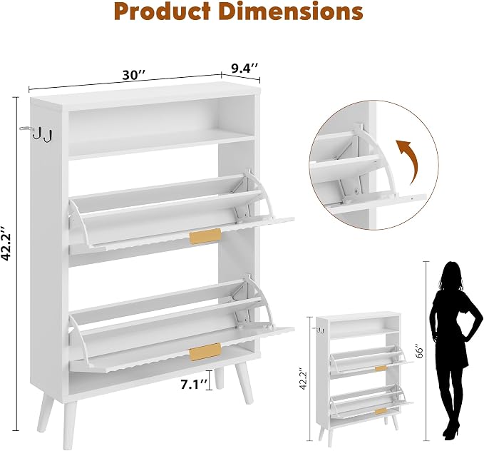 Shoe Storage Cabinet with 2 Flip Drawers for Entryway,Fluted Door | Narrow Shoe Storage Organizer Rack, Hidden Shoe Cabinet with Adjustable Shelves for Entryway, Hallway, Living Room,White