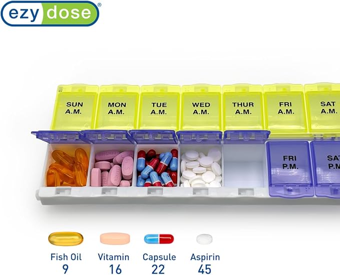 Ezy Dose Weekly (7-Day) AM/PM Pill Organizer, 2XL Planner, Purple/Yellow | Daily Medicine, Vitamin & Supplement Case, 2 Times a Day Pop-Up Compartments, Arthritis-Friendly, Travel-Friendly, BPA-Free