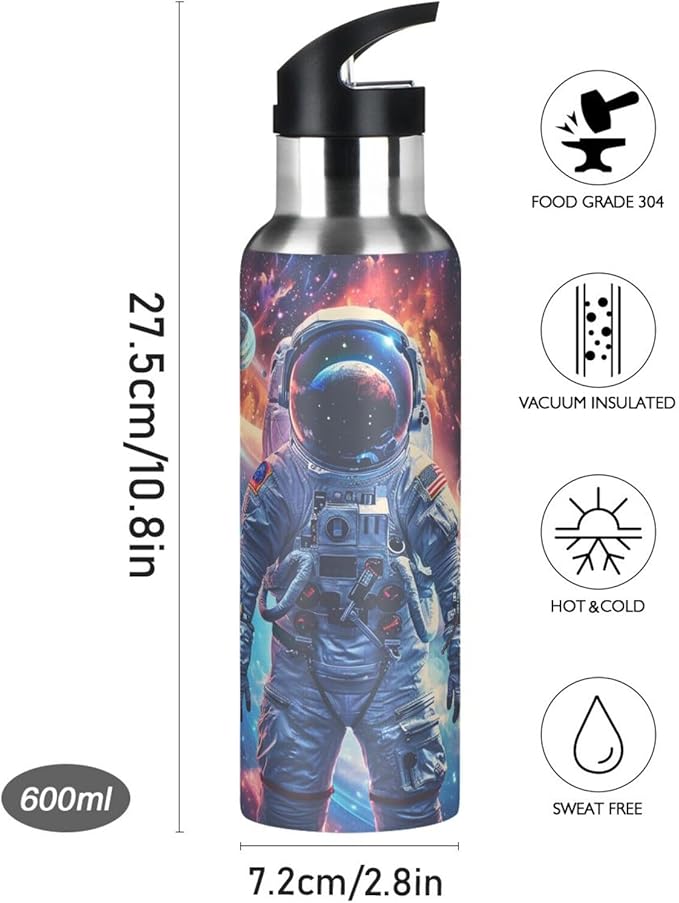 Astronaut Planets Galaxy Space Water Bottle with Straw Lid Kids Insulated Stainless Steel Water Flask Sports, 20 Oz Hot Cold