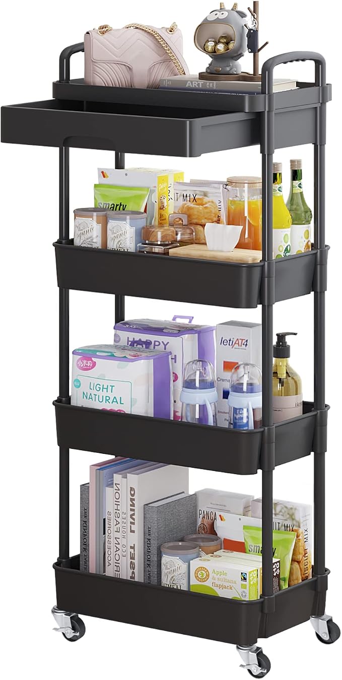 Calmootey 4-Tier Utility Cart with Drawer & Wheels, Storage for Home,Office | Space-Saving Organizer, Sturdy Plastic Shelves, Smooth-Rolling Metal Wheels, Built-in Drawer for Small Items, Black