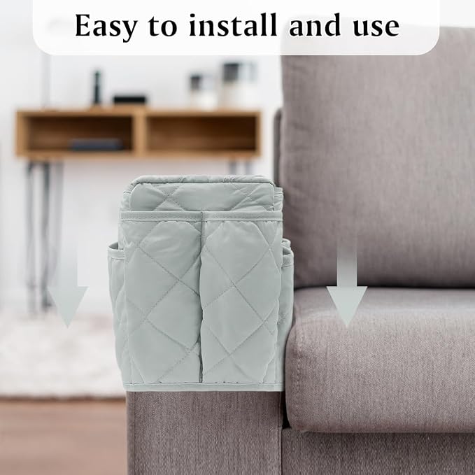 Remote Control Holder, Non Slip Bedside Armchair Caddy, Recliner Arm Caddy Armrest Organizer with 14 Pockets for Cell Phone TV Remote Control Magazines, Light Gray