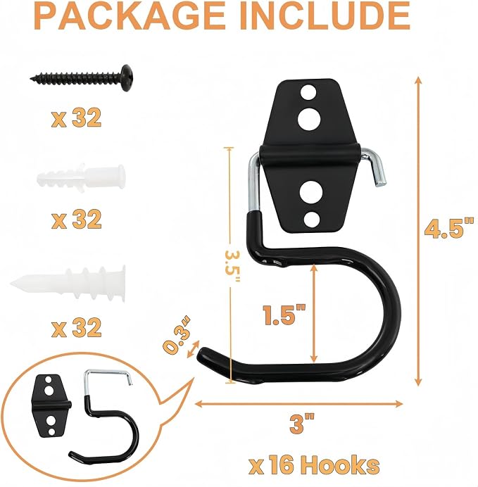 Tlence 16 Pack Metal Broom Hooks, Heavy Duty Garage Holder Wall Mount, S Type Anti-Slip Mop Rack, Cleaning Tools Holder Storage Organizer Hanger for Shovel Rakes Shed Garden Lawn Yard