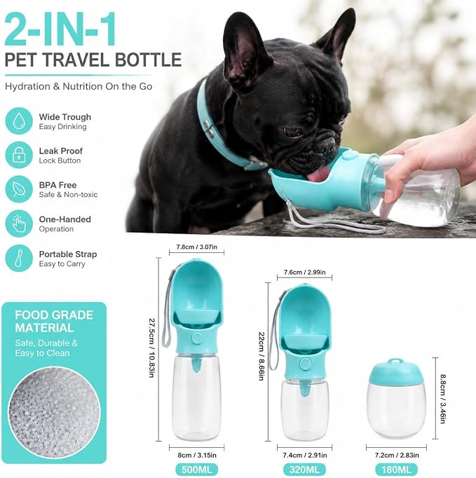 2-in-1 Dog Cat Portable Water & Food Travel Dispenser Bottle (Blue) | 2-in-1 travel pet cup with 500ml water & 180ml food storage, leak-proof portable feeder for dog cat walking hiking trips